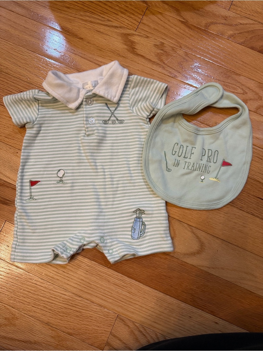 Golf-Themed Baby Bib and Romper Set - Light Green